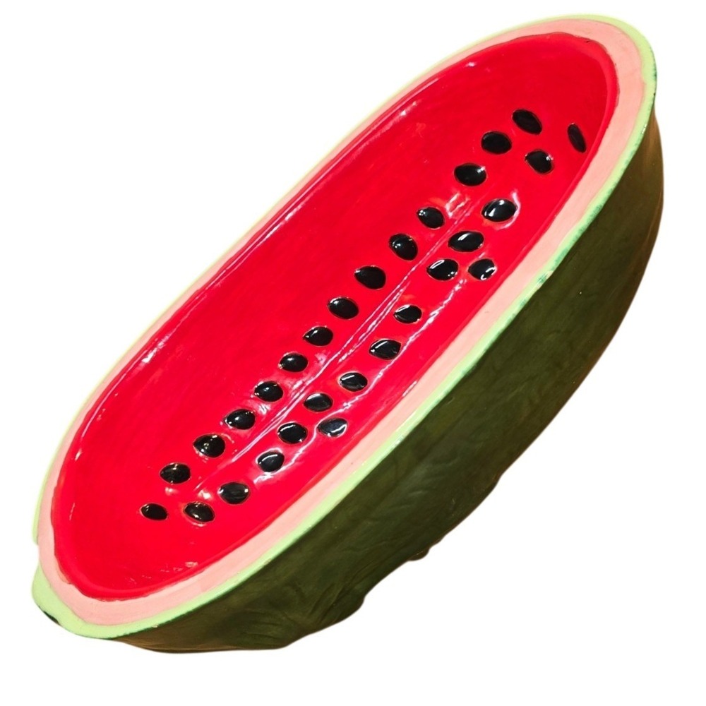 Vintage Hand Painted Ceramic Watermelon Shaped Large Serving Bowl 13"x 8" MCM